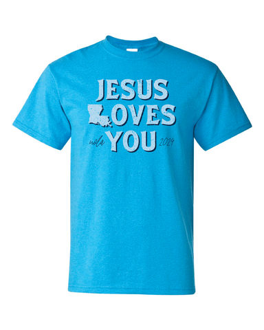 2024 Jesus Loves You Custom Group T-shirt (Blue/White/Orange Ink)