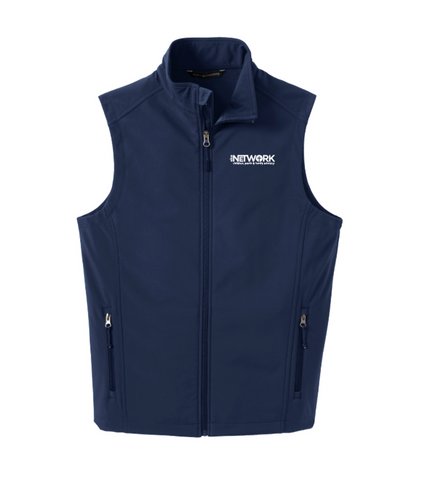 Navy Soft shell vest with the ELCA Network logo embroidered on the left chest with white thread.