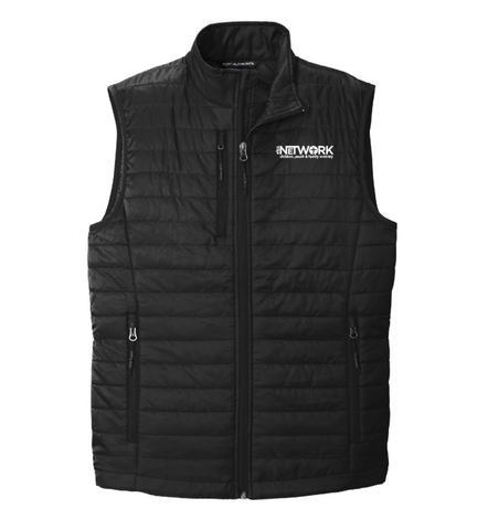 Men's black puffer vest with the ELCA Network logo embroidered on the left chest with white thread.