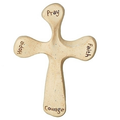 4.25" Comfort Hand Cross with the words Pray, Hope, Faith, Courage on each corner. Made of Dolomite/Resin